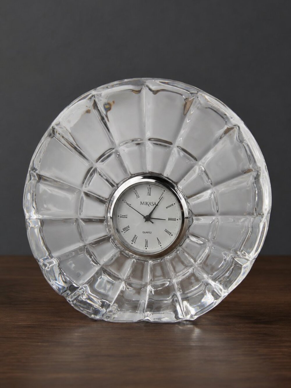 Vintage 1980s Mikasa Crystal Sunburst Mantel Desk Clock Roman Numerals